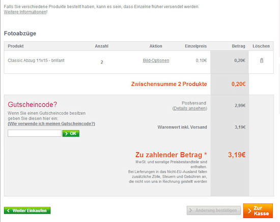 Warenkorb bei Photobox